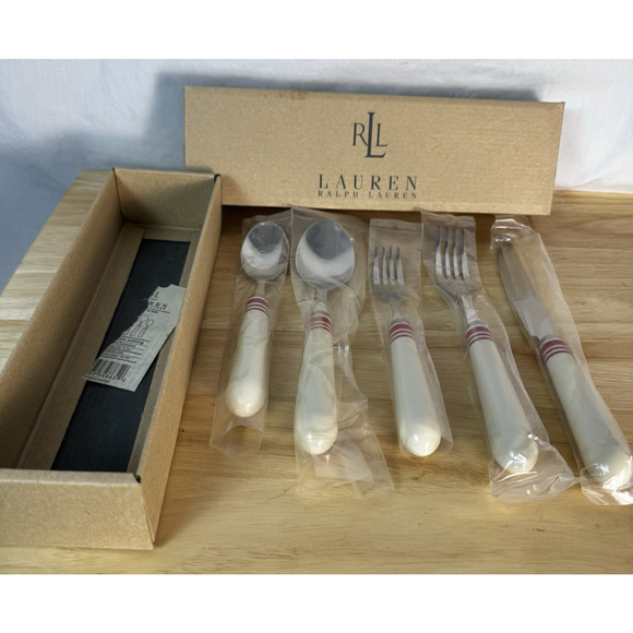 RLL Ralph Lauren Cafe Stripe Red 5 PC Place Setting, GA030-599, NEW w/ Box - Picture 1 of 6